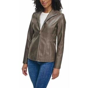 NWT KENNETH COLE WOMEN'S GRAY FAUX LEATHER STANDUP COLLAR ZIP JACKET SZ ~S